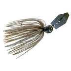 Green and gold skirt lure with dark blade, mottled head, and wire hook loop.