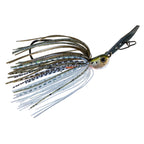 Spinnerbait lure with white and dark speckled skirt, gold-and-black head, double hook