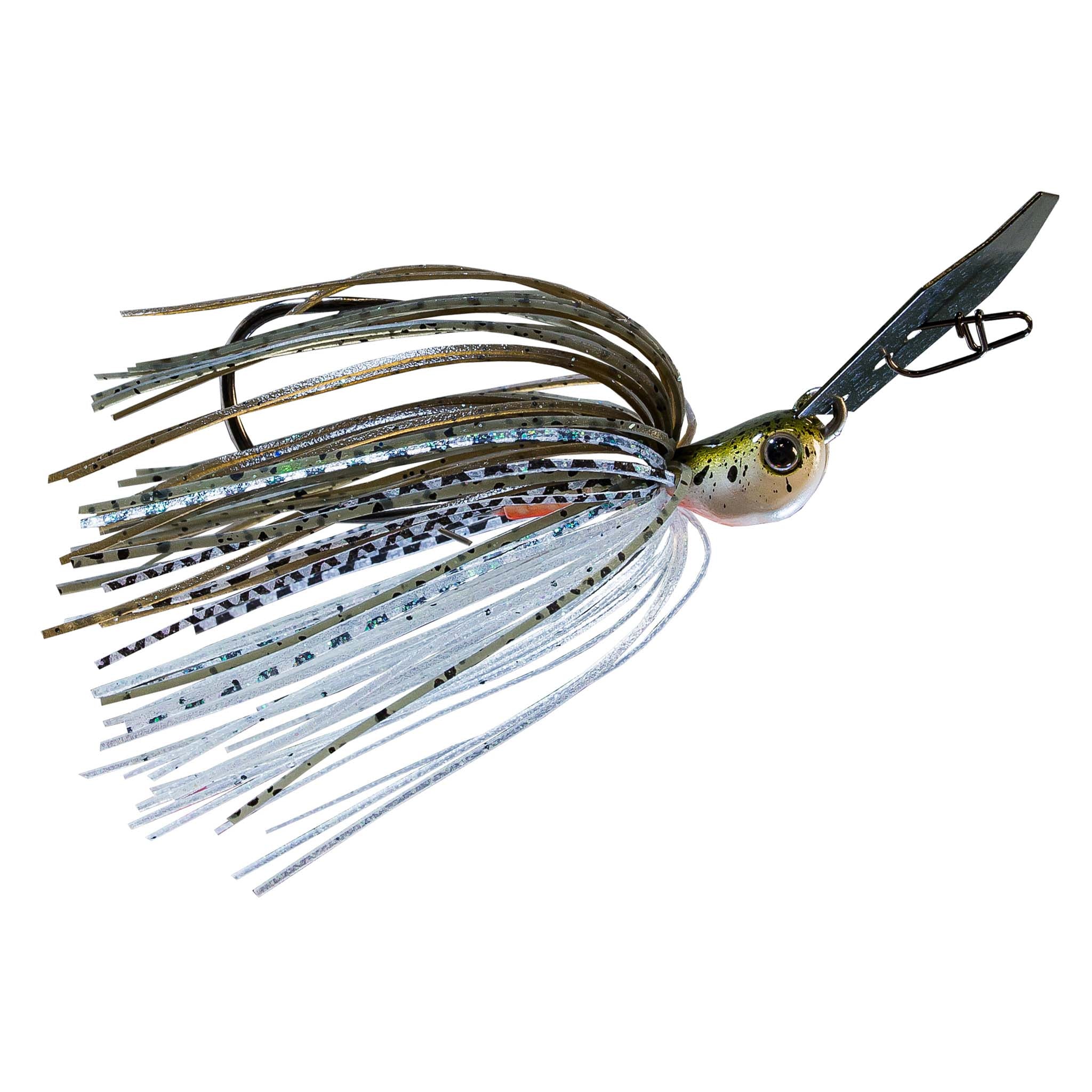 Fishing chatterbait lure with white-blue black speckled skirt, dark head, blue-gray blade
