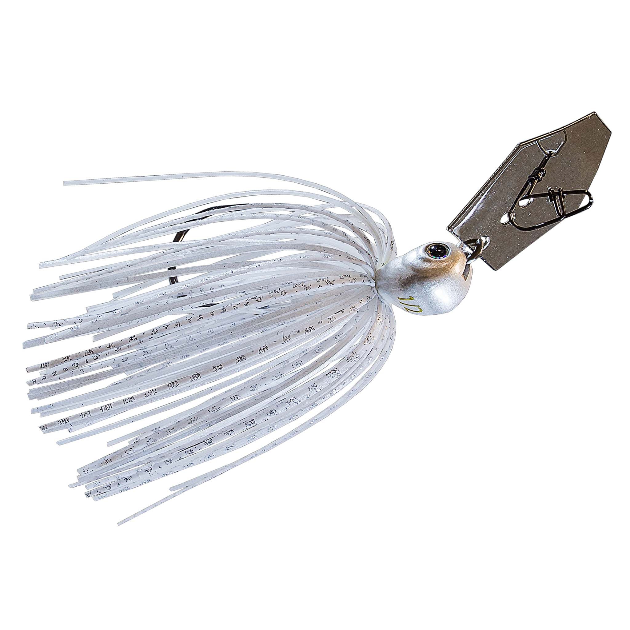 Spinnerbait lure with white/clear skirt, silver-speckled head, dark double hook