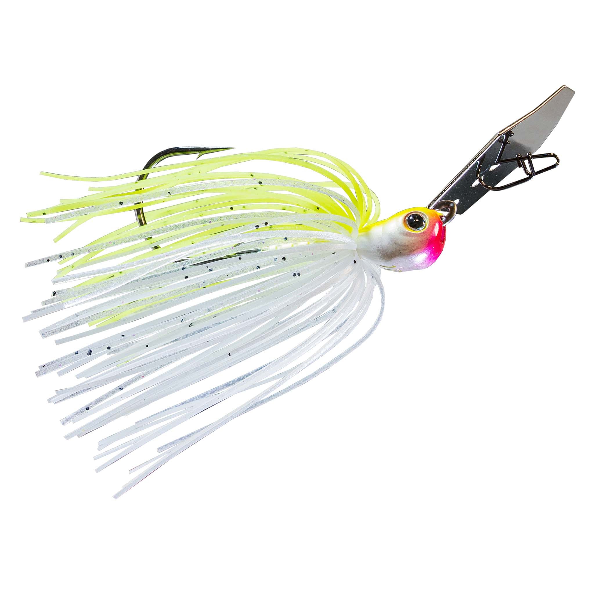White and chartreuse jig skirt spinnerbait lure with dark metal blade and hook