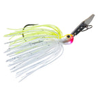 Fishing chatterbait lure with neon chartreuse-white skirt, black speckles, pink eye, dark blade