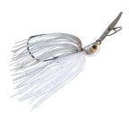 Fishing chatterbait lure with white-silver skirt, fine speckles, tan eye, silver-gray blade