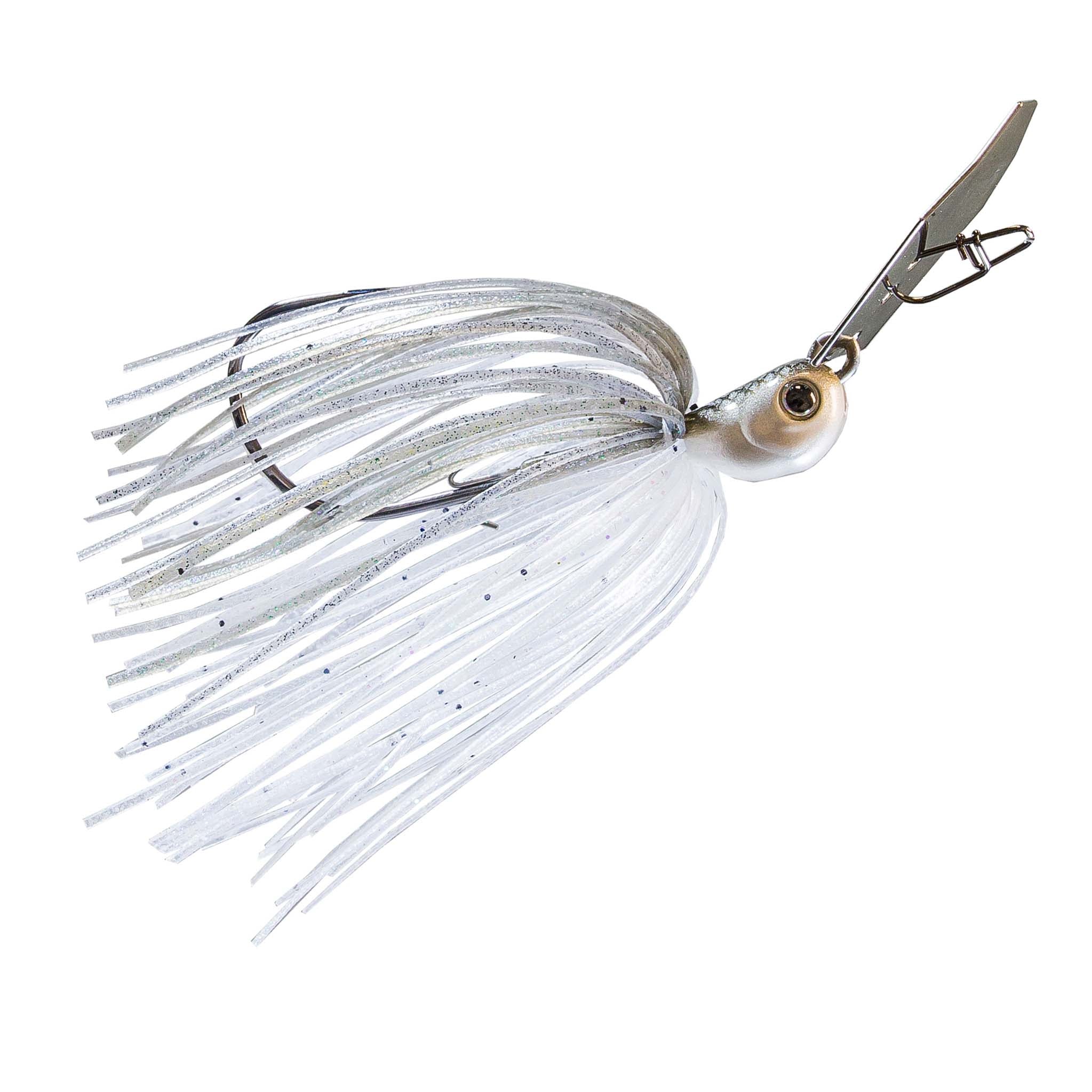Fishing chatterbait lure with white-silver skirt, fine speckles, tan eye, silver-gray blade