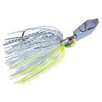 Spinnerbait lure with white skirt and bright chartreuse strands, green accent head, double hook