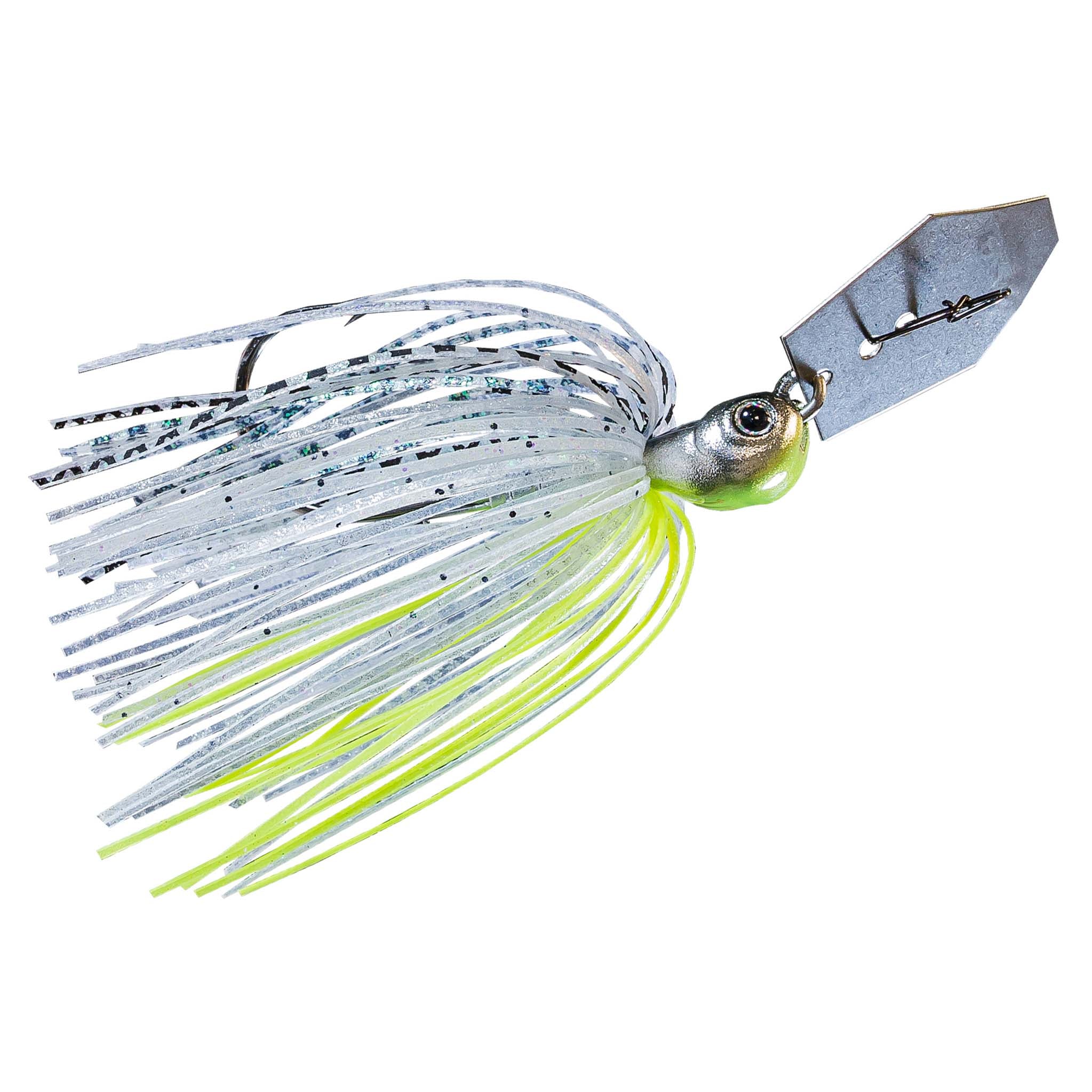 Fishing chatterbait lure with white-blue skirt, green highlights, silver eye, gray blade