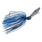 Spinnerbait lure with blue and silver skirt, dark blue head, metallic blade, double hook