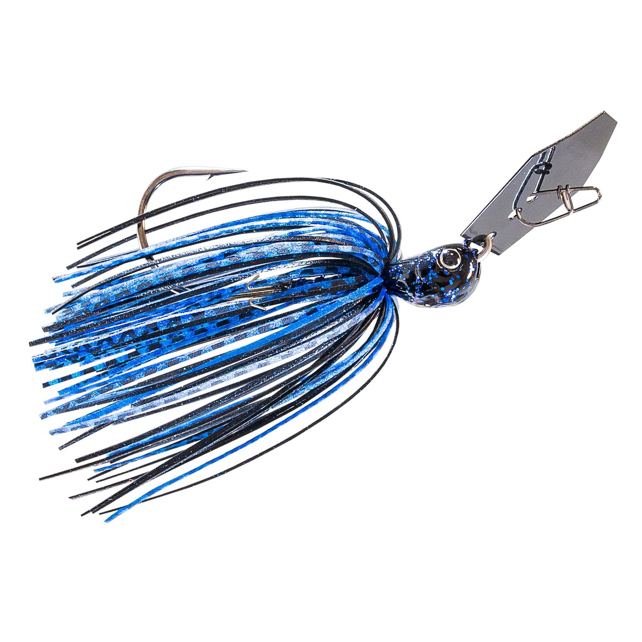 Fishing chatterbait lure with metallic blue skirt, dark blue head, silver eye, dark blade