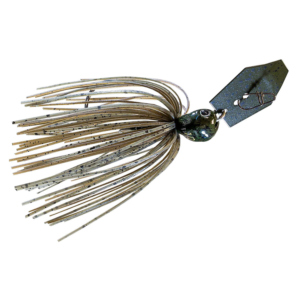 Spinnerbait lure with olive-brown skirt and gold highlights, dark green head, double hook