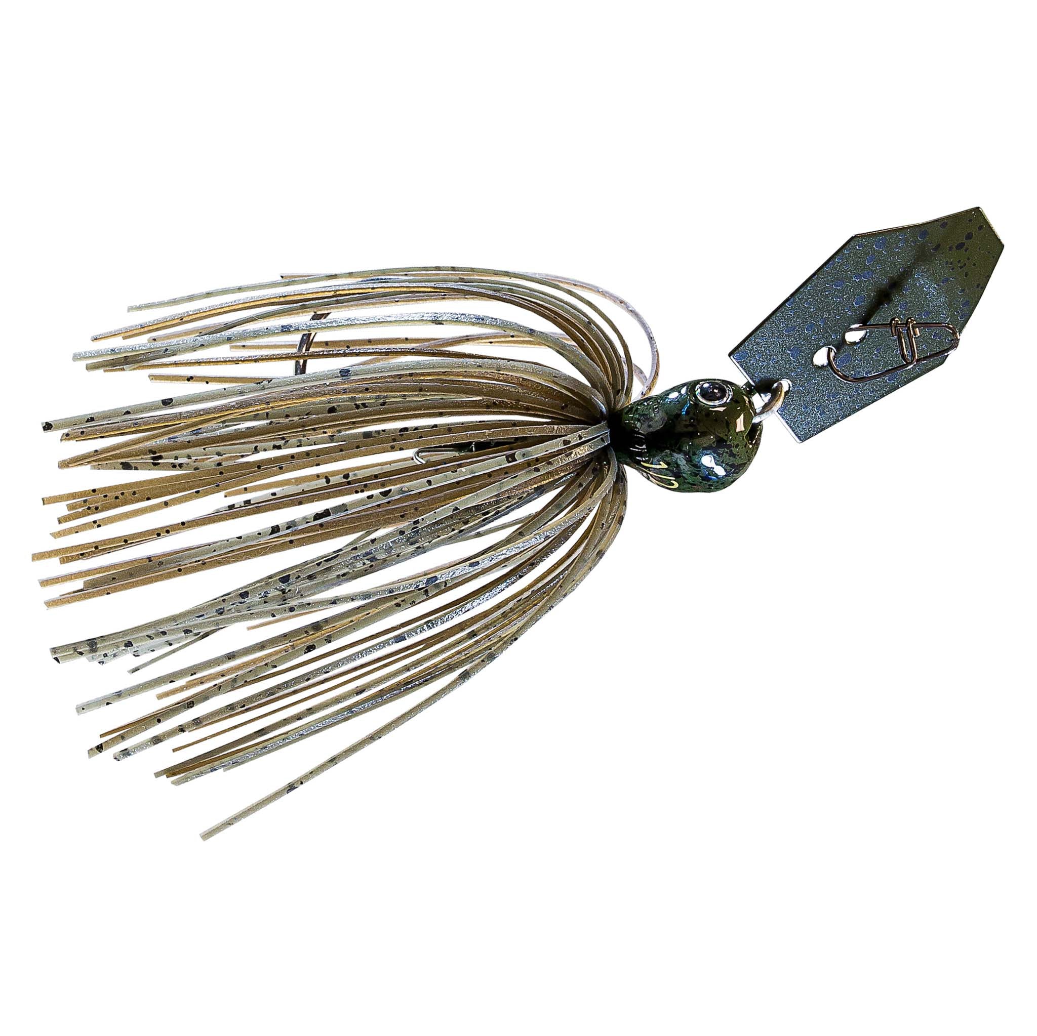Fishing chatterbait lure with tan-olive skirt, dark green head, gold-and-gray blade