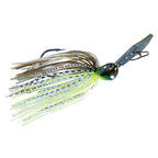 Spinnerbait lure with olive and white skirt, chartreuse strands, dark green head, double hook