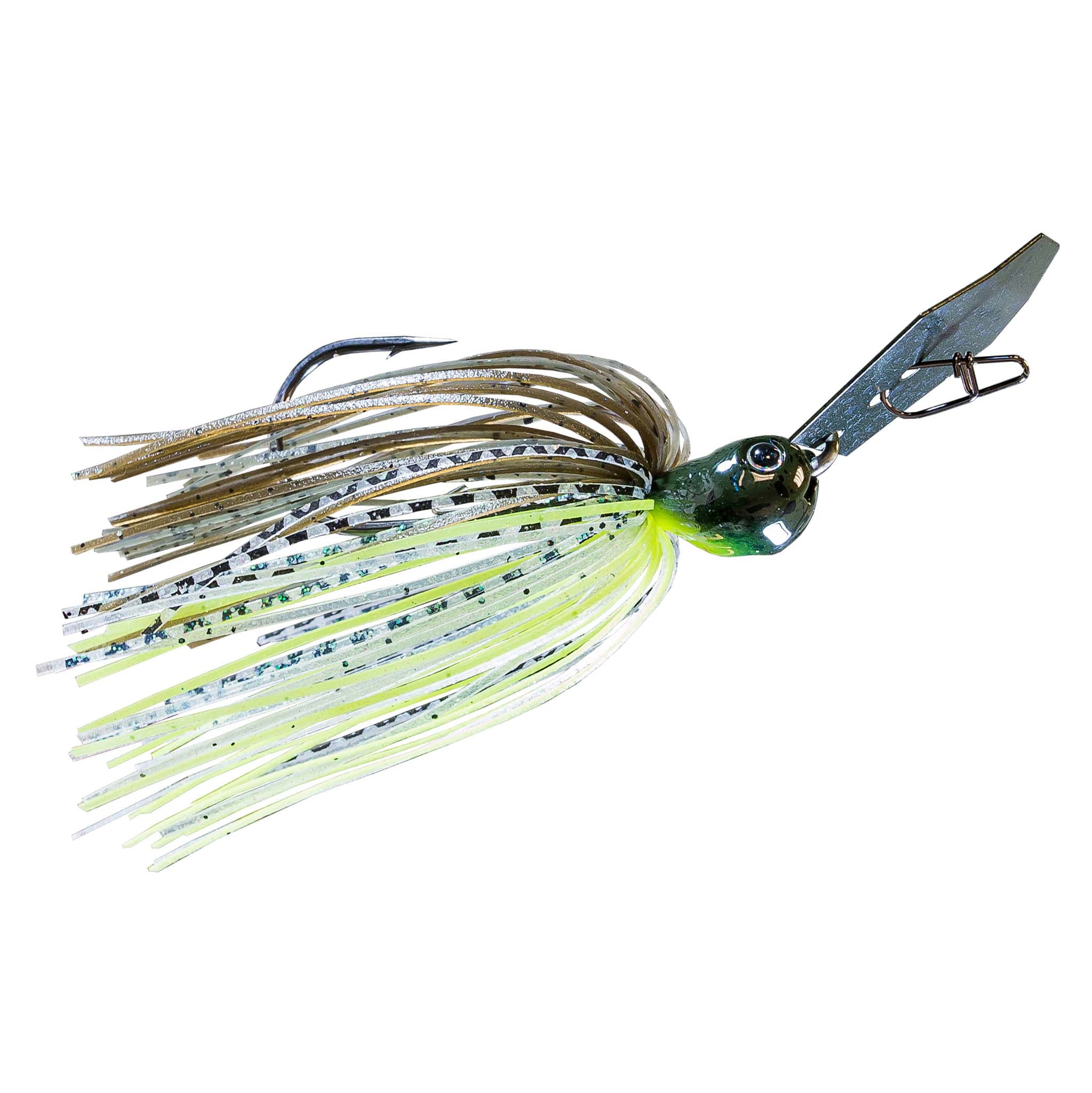 Fishing chatterbait lure with chartreuse-white skirt, olive strands, dark blue blade and head