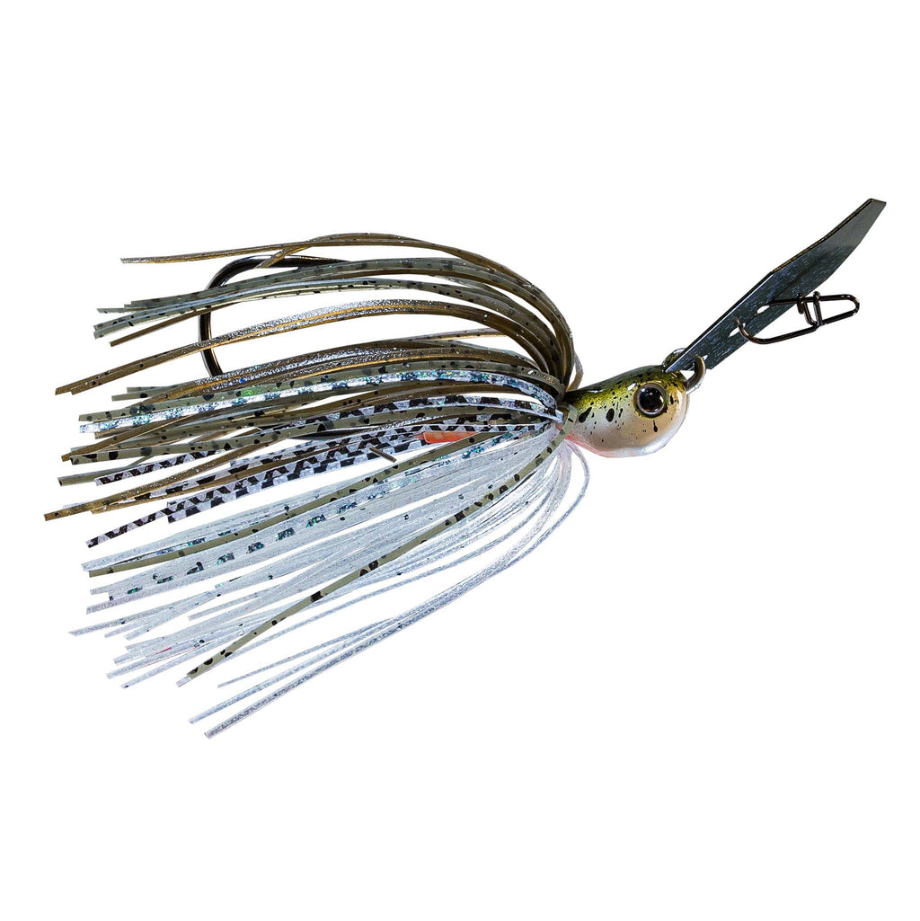Fishing chatterbait lure with white and blue-speckled skirt and black blade
