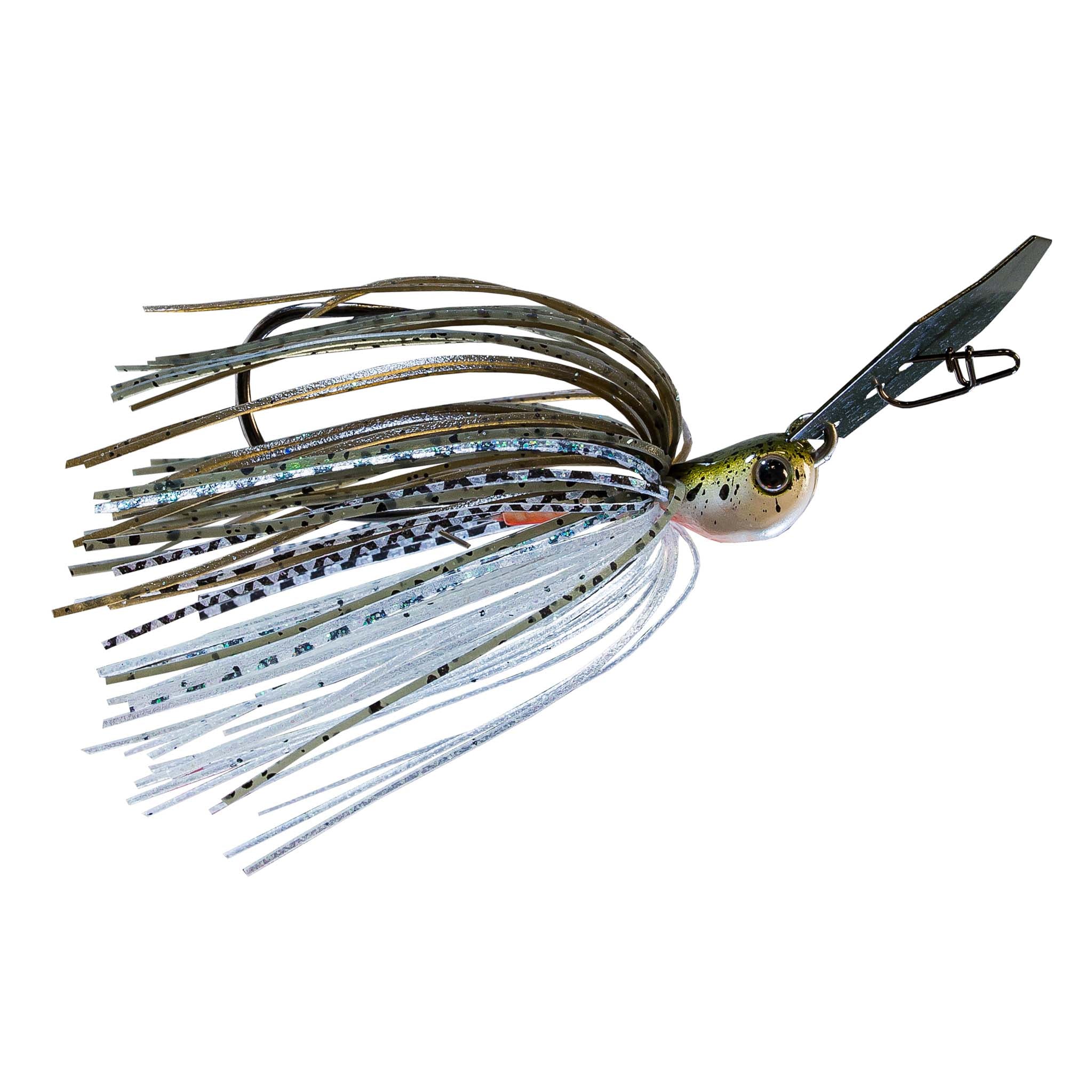 Fishing chatterbait lure with white and blue-speckled skirt and black blade