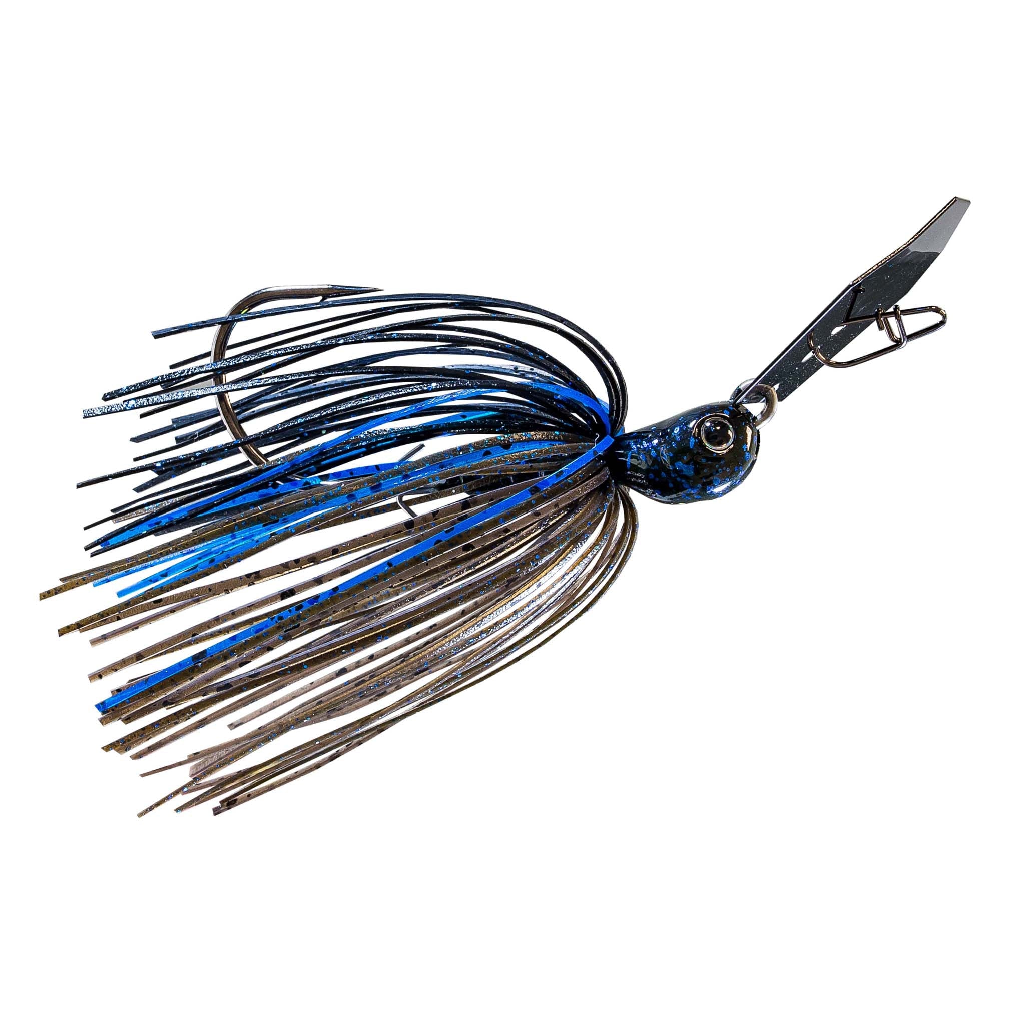 Fishing chatterbait lure with blue-and-black skirt and dark blue speckled blade