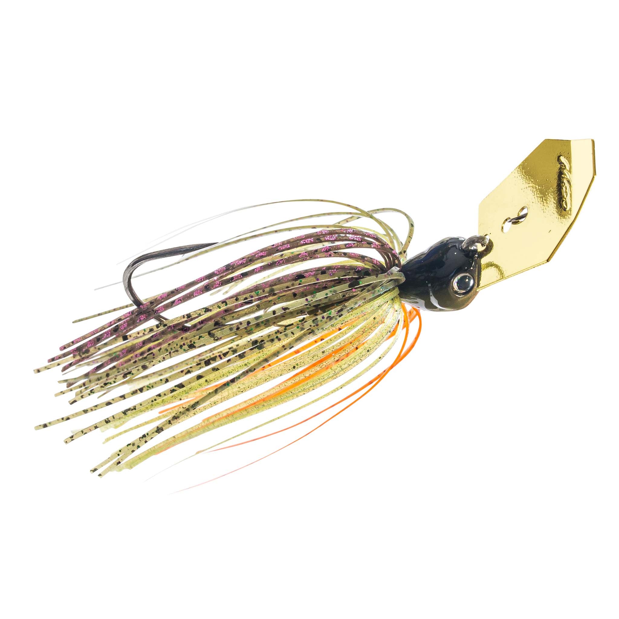 ChatterBait JackHammer jig with chartreuse-and-purple skirt and gold metal blade