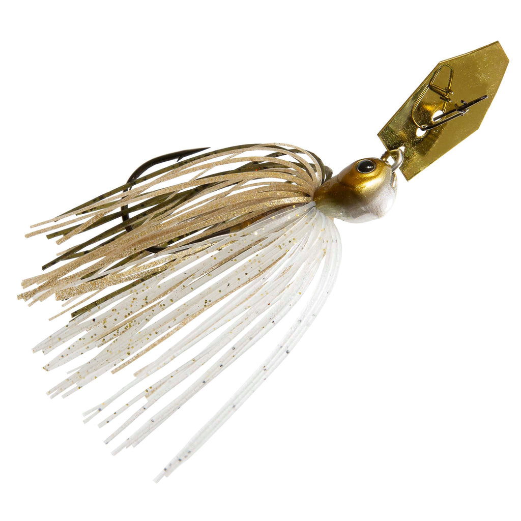 ChatterBait JackHammer jig with white skirt and gold metal blade