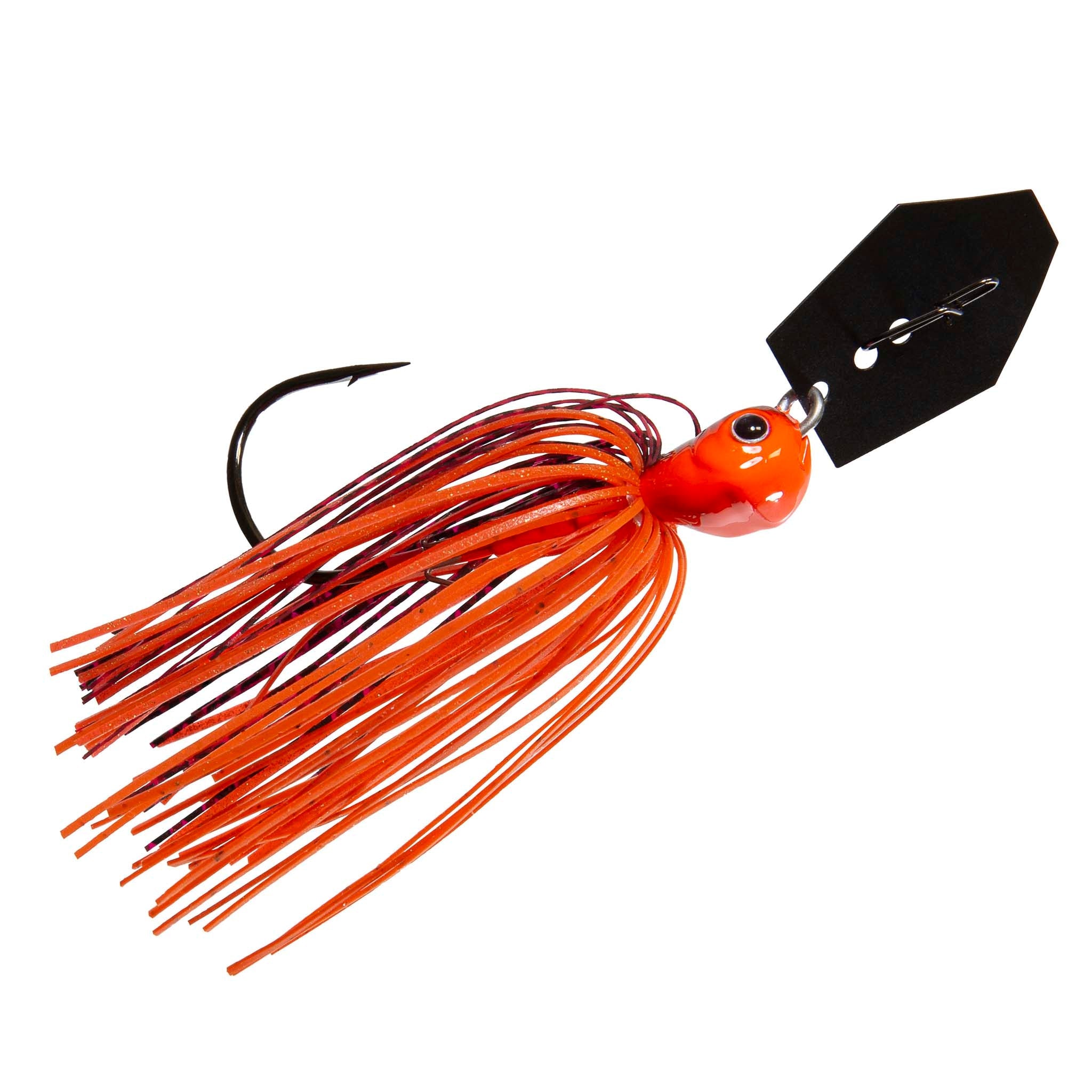 Fishing chatterbait lure with orange skirt and black blade