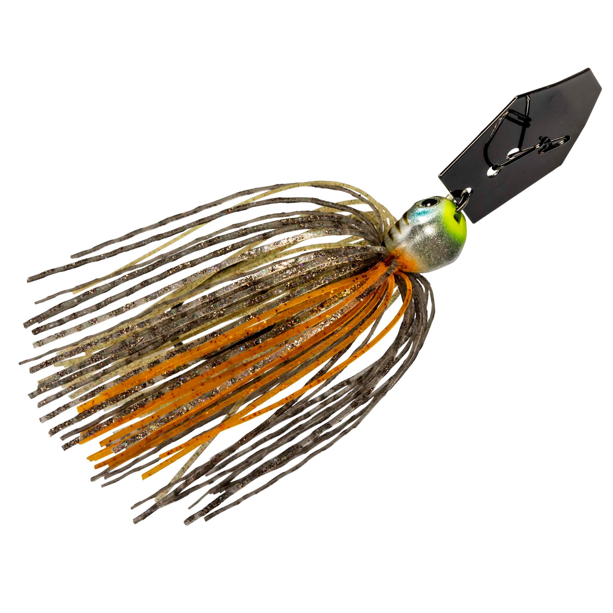 Fishing chatterbait lure with olive-gold skirt, orange accents, and black blade