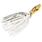 Fishing chatterbait lure with white skirt and gold blade