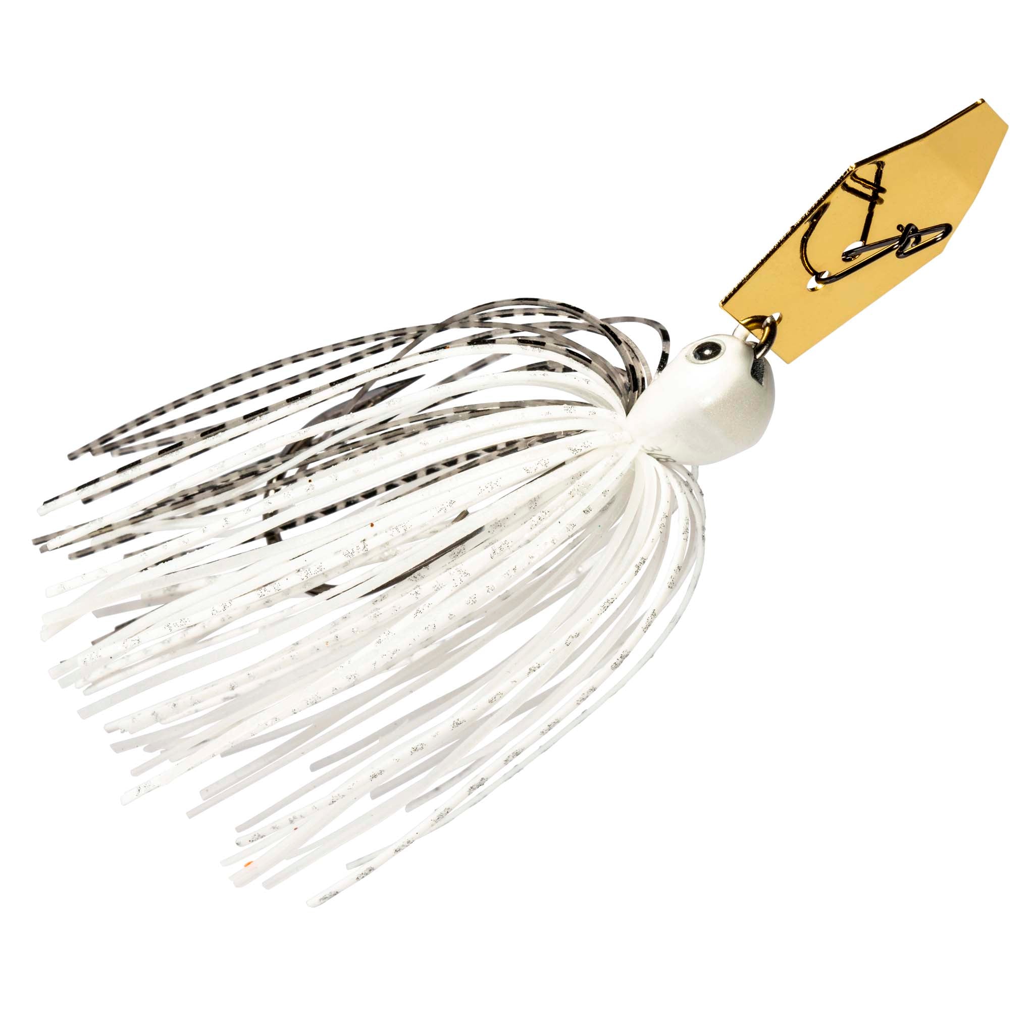 Fishing chatterbait lure with white skirt and gold blade