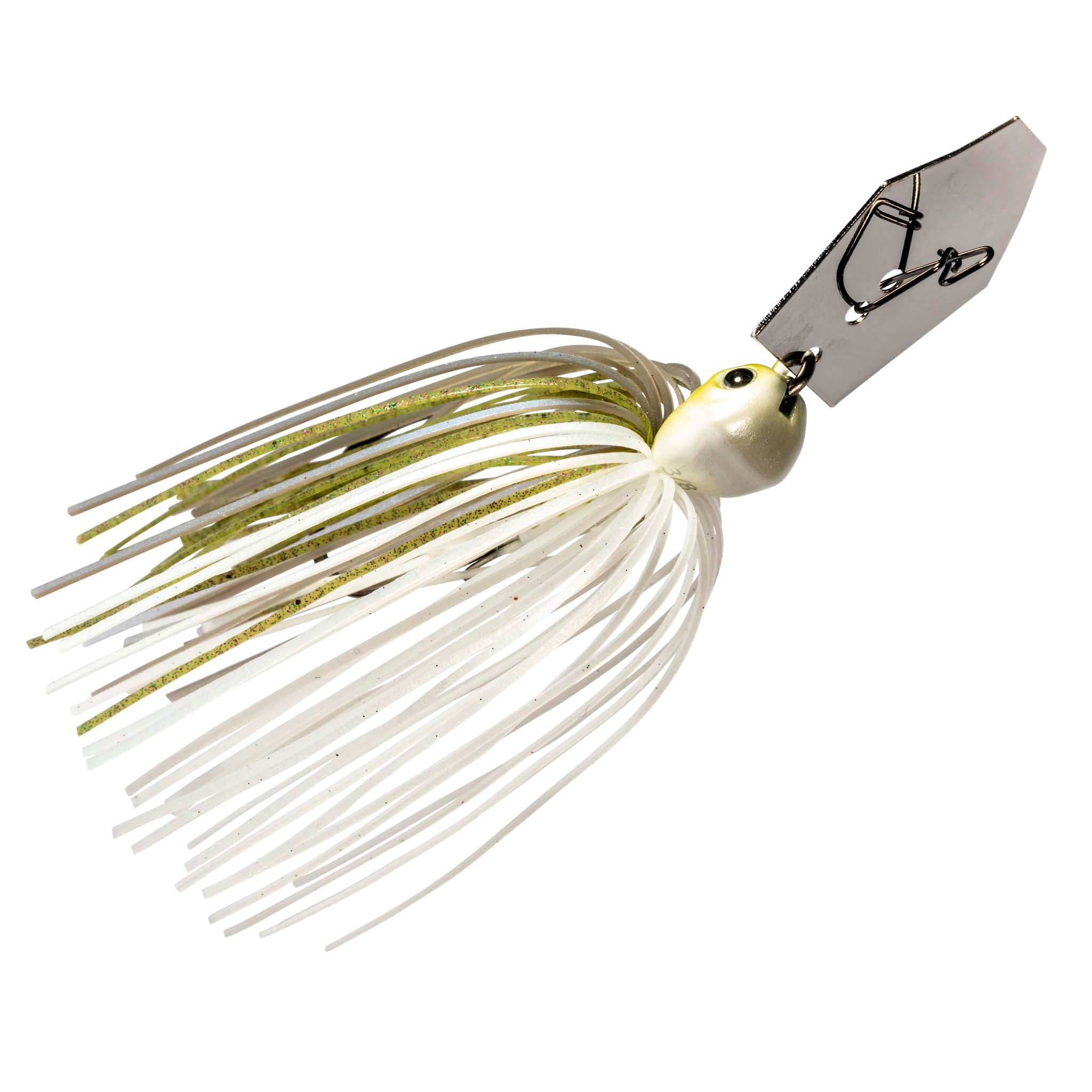 Fishing chatterbait lure with white skirt and gold-tinted blade