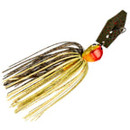 Fishing lure with yellow-and-gold striped skirt, red head, and dark speckled blade