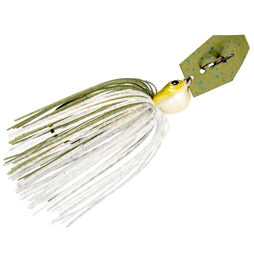 Fishing lure with white, sparkly skirt, yellow-and-white head, and green speckled blade