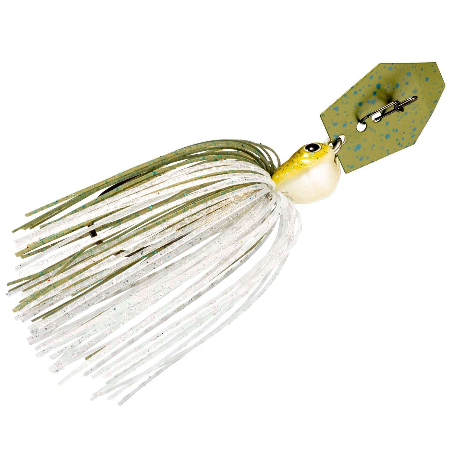 Fishing lure with white, sparkly skirt, yellow-and-white head, and green speckled blade