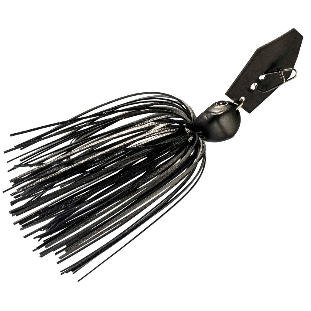 Fishing lure with black skirt, silver-black head, and dark metal blade with hook