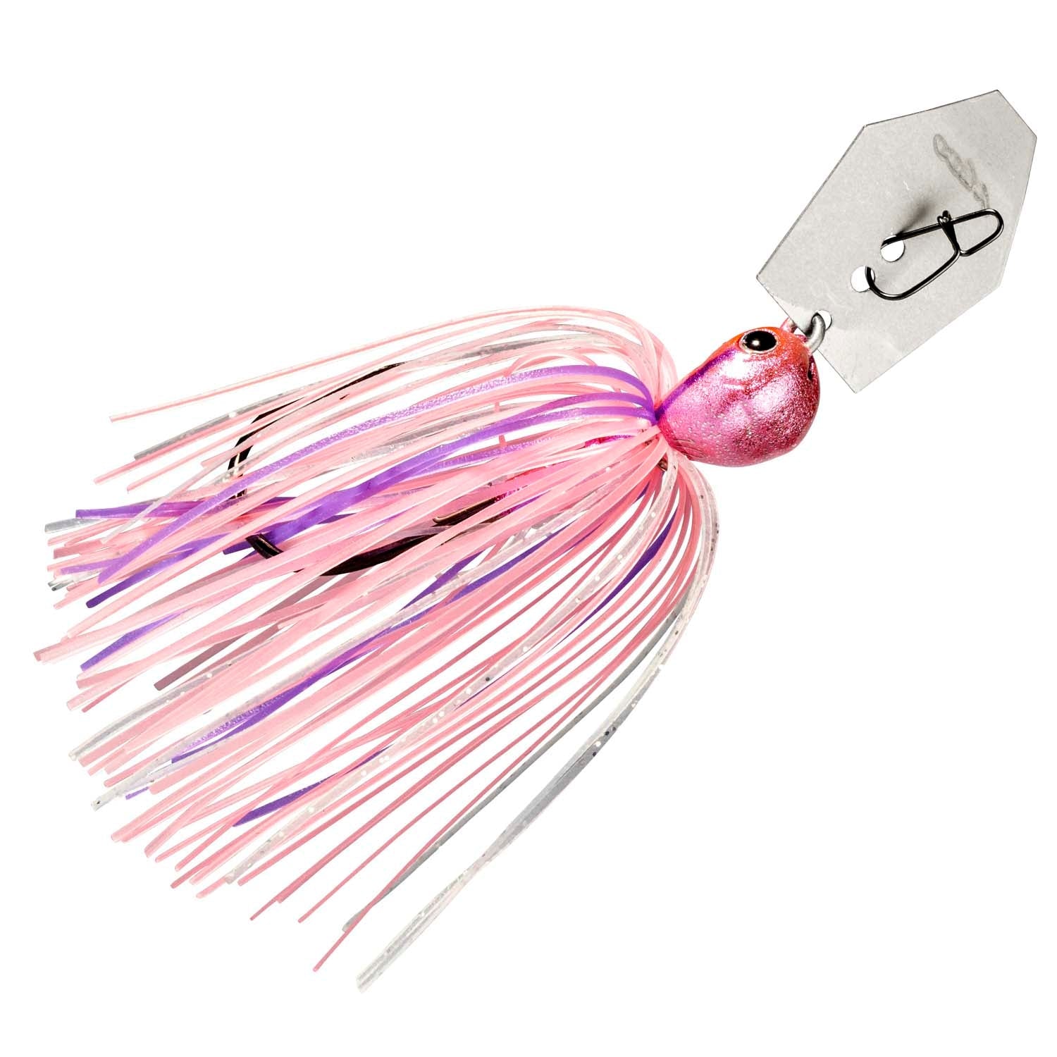 Fishing lure with pink striped skirt, bright pink head, and silver metal blade