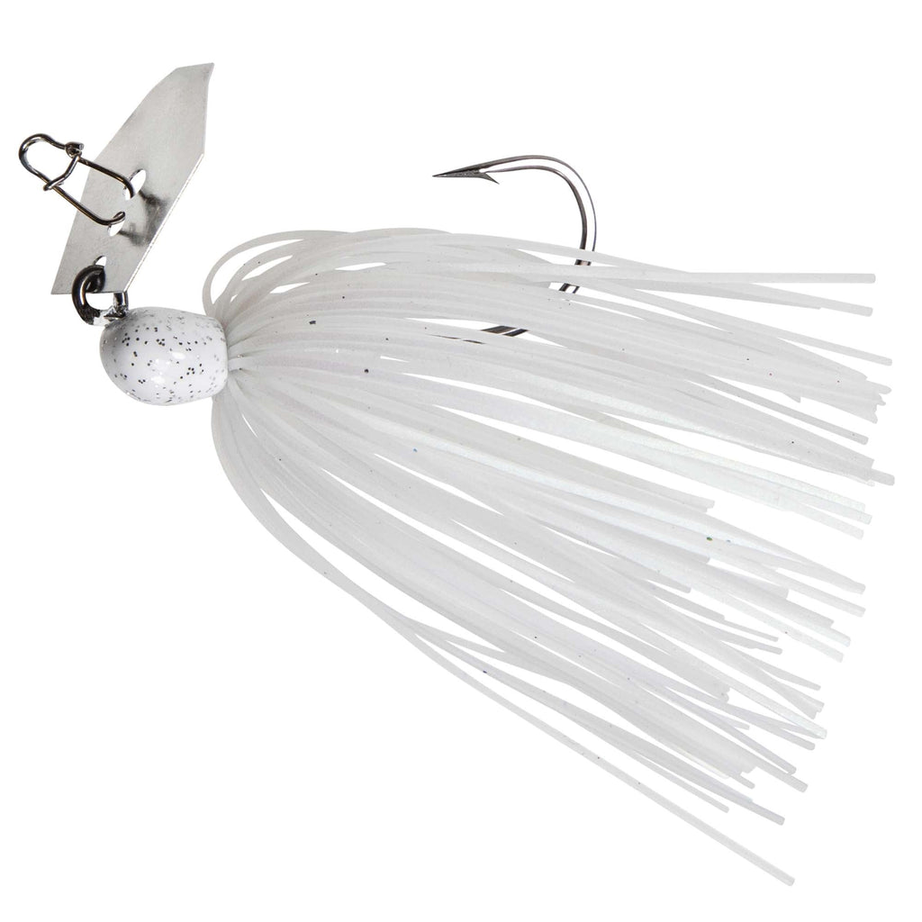 White skirt with small specks, white jig head, and silver chatter blade with hook