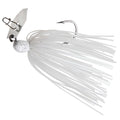 White skirt with small specks, white jig head, and silver chatter blade with hook