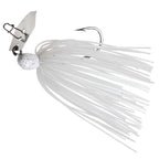 White skirt with small specks, white jig head, and silver chatter blade with hook