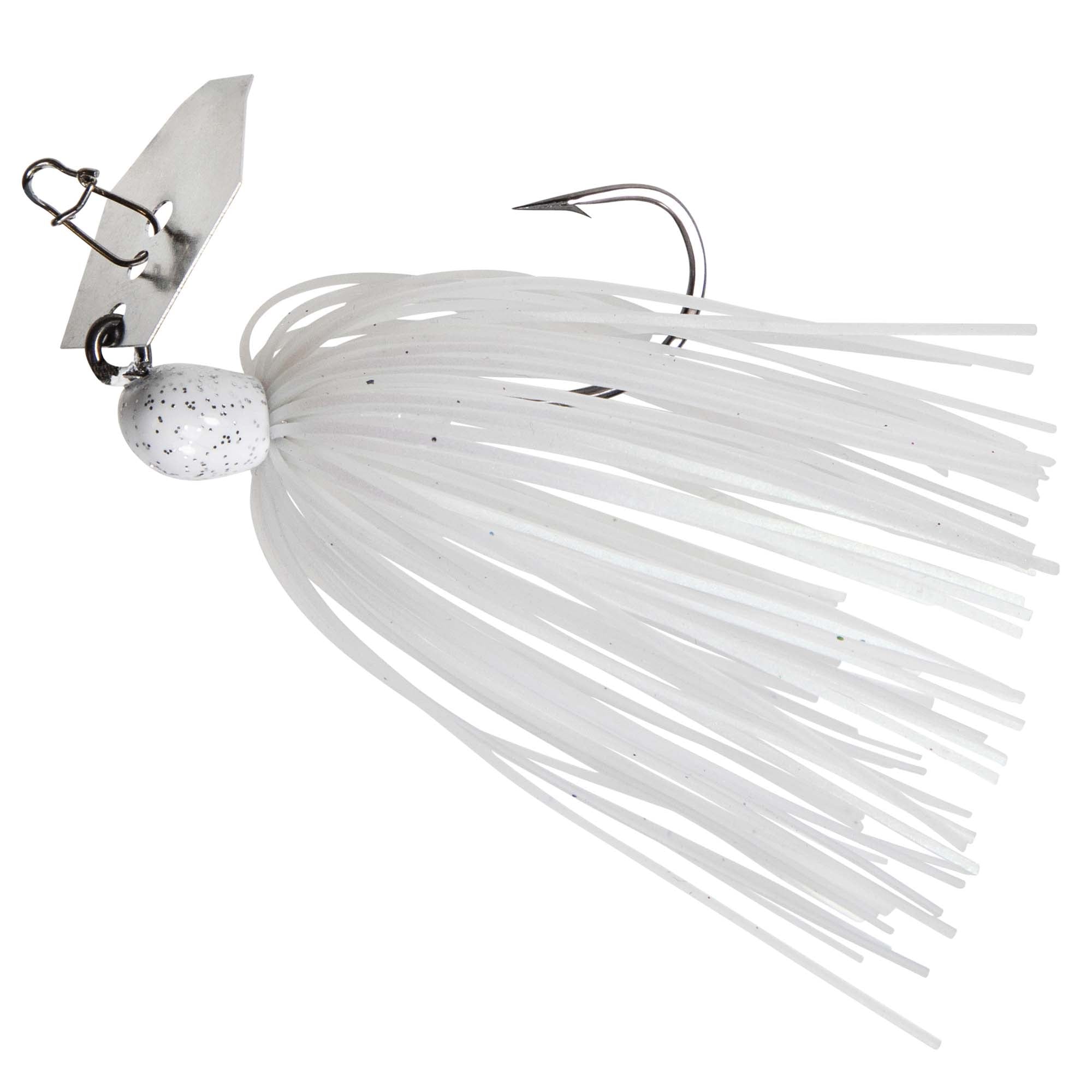 ChatterBait MicroMax lure with white skirt and speckled head, silver blade