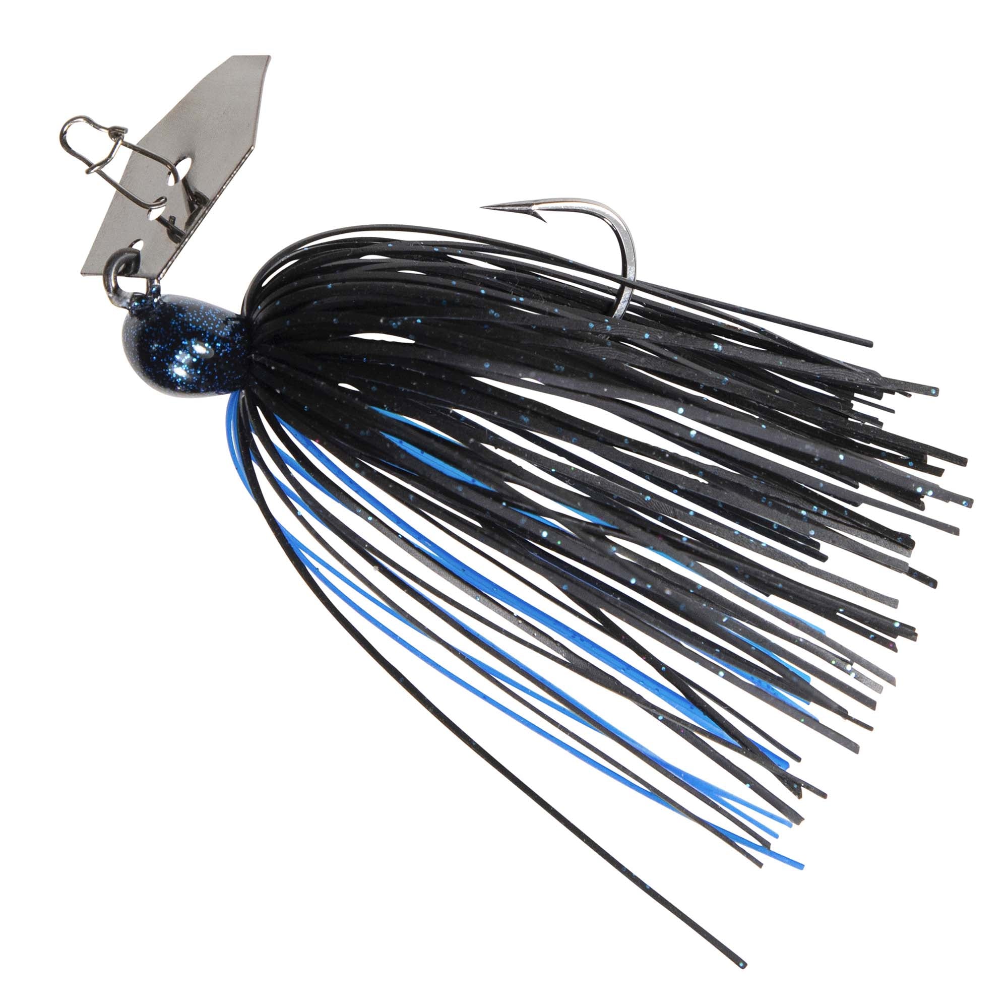 Black skirt with blue accents, dark jig head, and silver chatter blade