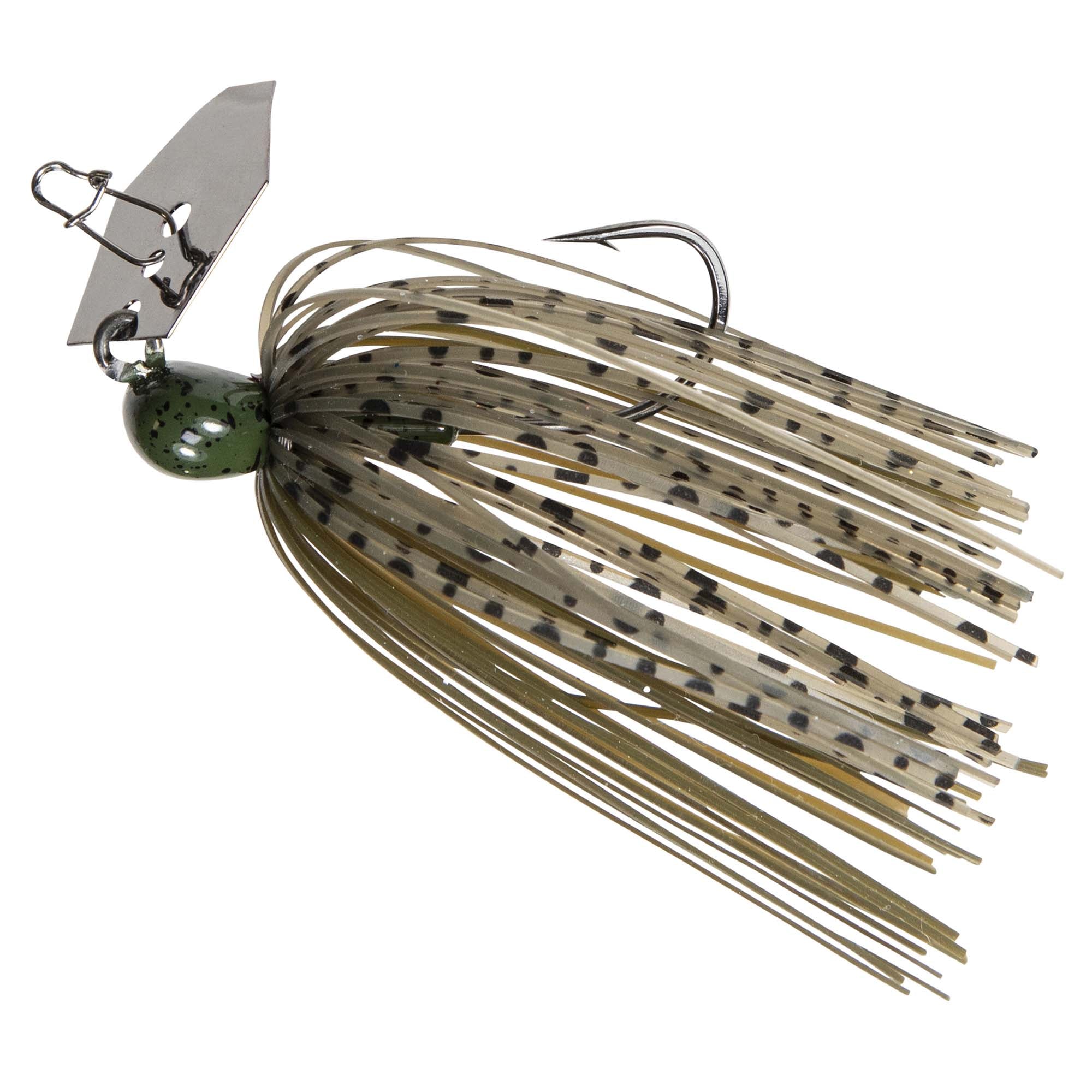 ChatterBait MicroMax lure with olive-brown skirt, dark spots, and green head, silver blade