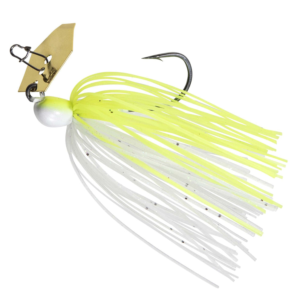 Neon chartreuse and white skirt with black flecks, greenish jig head, silver chatter blade