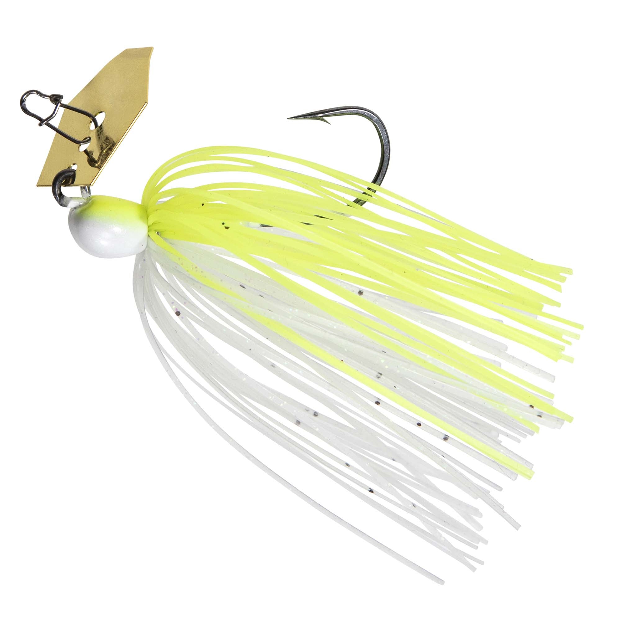 Neon chartreuse and white skirt with black flecks, greenish jig head, silver chatter blade