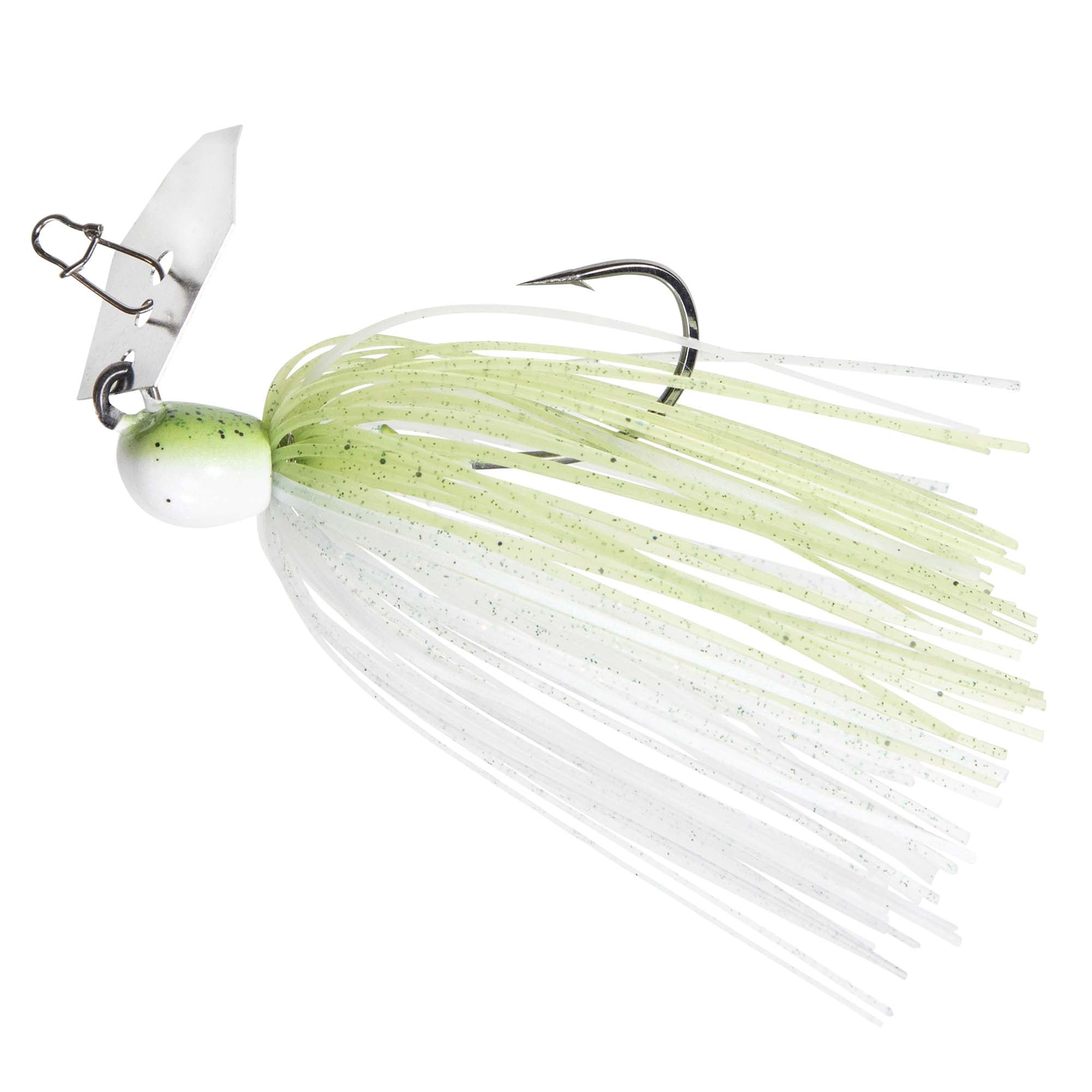 White skirt with pale chartreuse strands and speckling, light green head, silver chatter blade