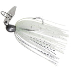 ChatterBait MicroMax lure with white skirt, dark speckles, and gray head, silver blade
