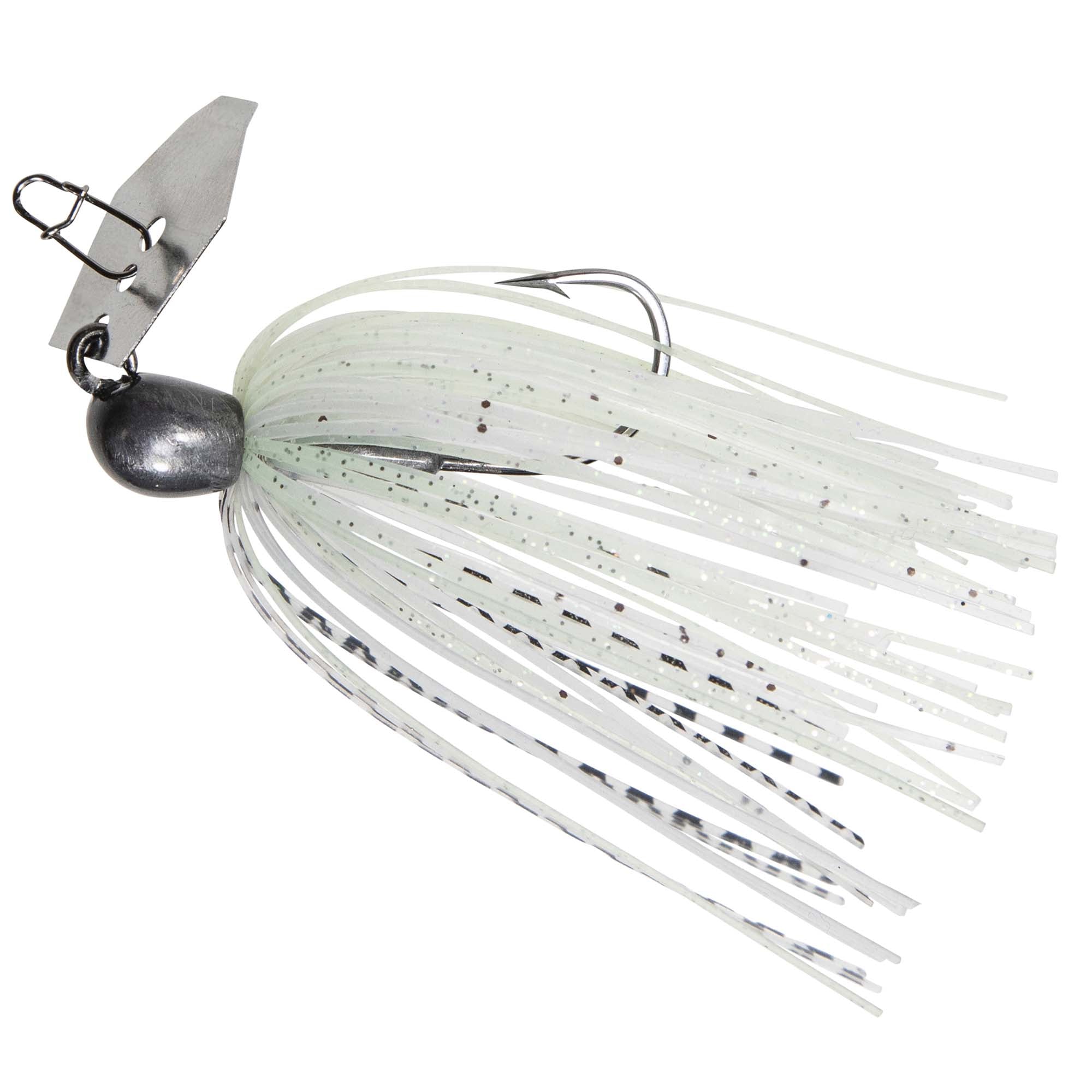 ChatterBait MicroMax lure with white skirt, dark speckles, and gray head, silver blade