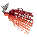 ChatterBait MicroMax lure with red-orange skirt, black specks, and silver blade