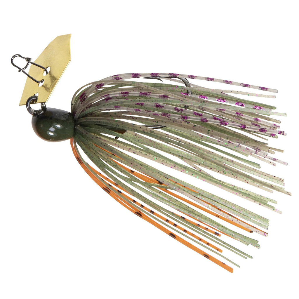 ChatterBait MicroMax lure with green skirt, white strands, purple speckles, gold blade