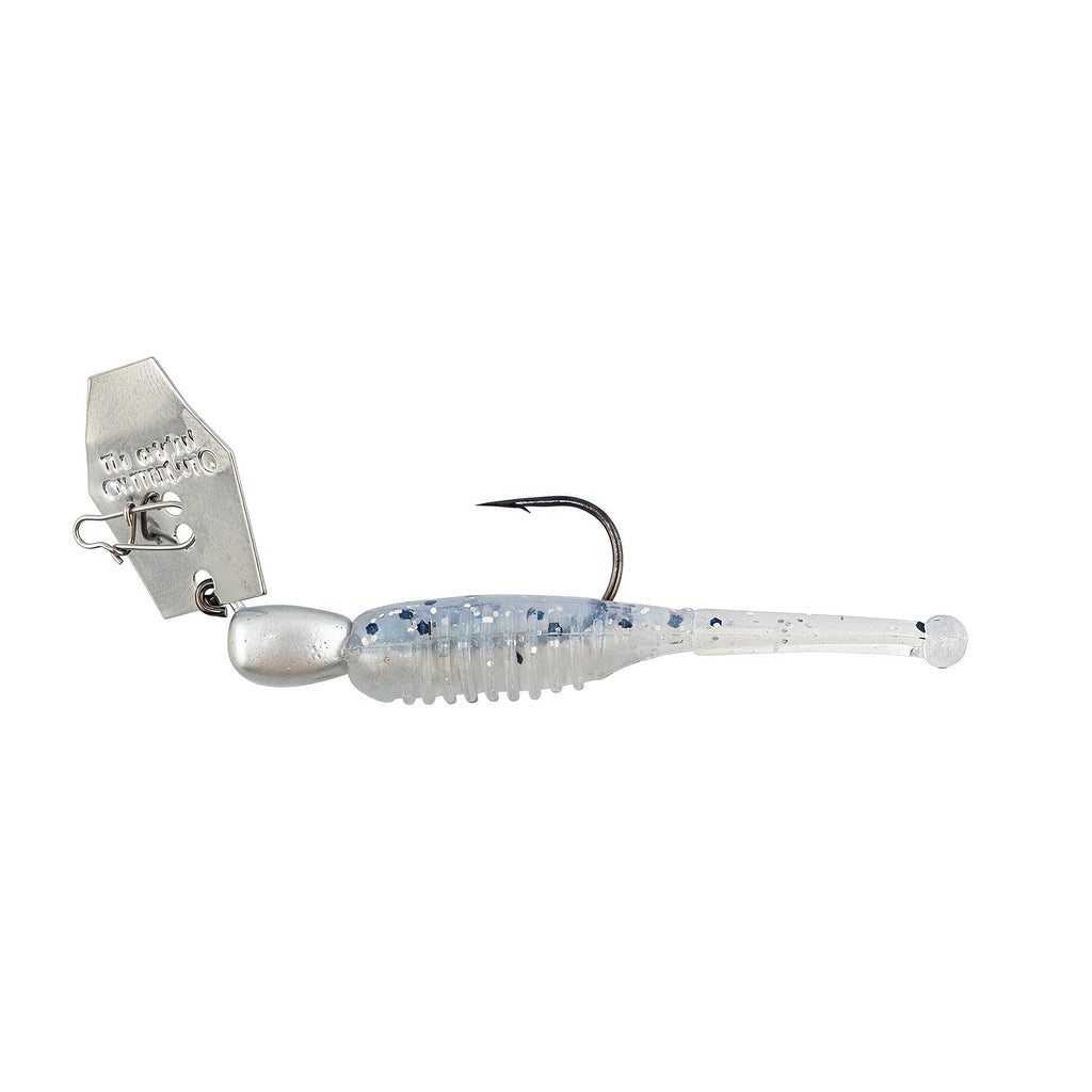 Blue and white chatterbait fishing lure with skirt, treble hooks, metal blade