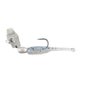 Blue and white chatterbait fishing lure with skirt, treble hooks, metal blade