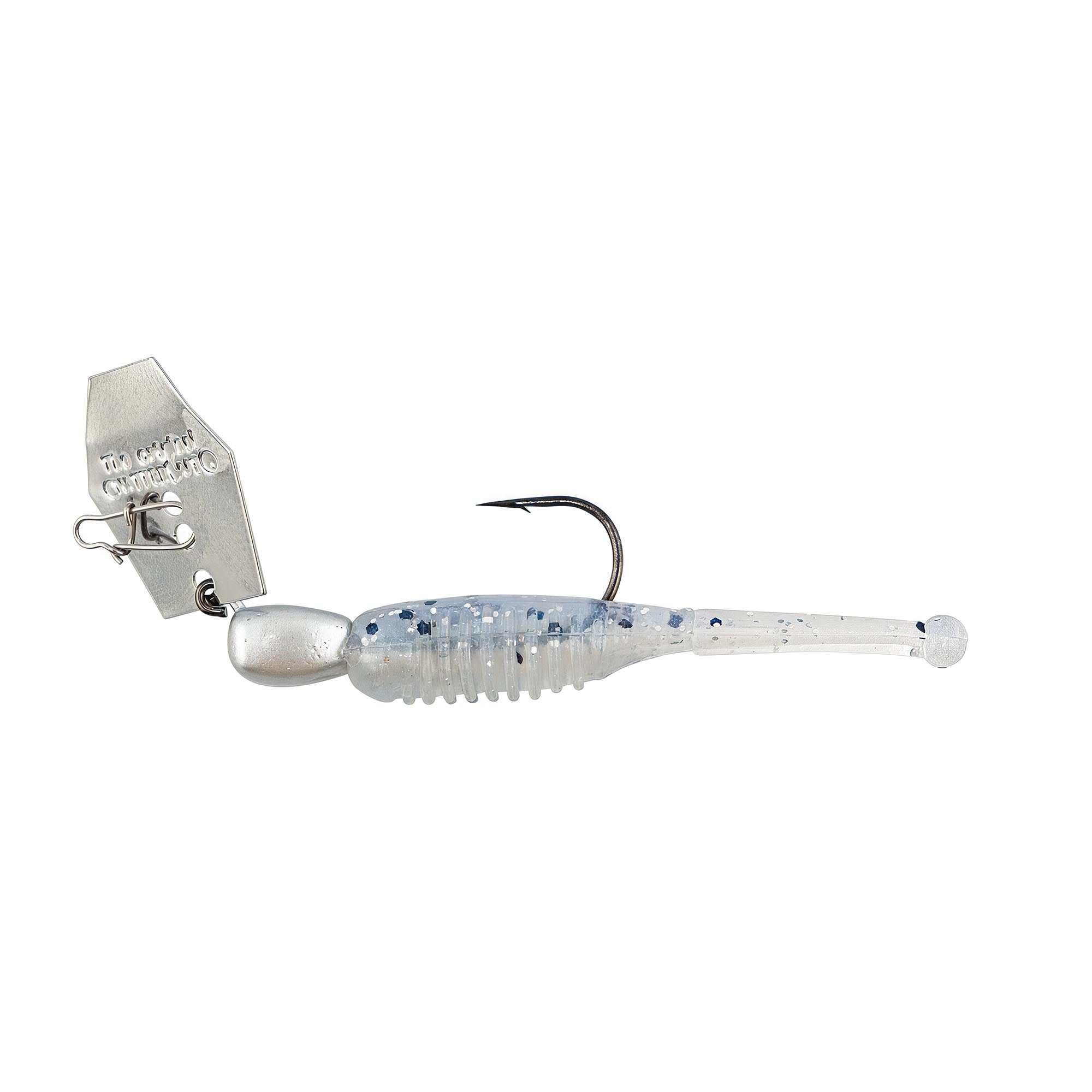 Blue and white chatterbait fishing lure with skirt, treble hooks, metal blade