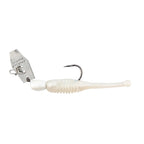 White pearl chatterbait fishing lure with translucent body, treble hook, metal blade