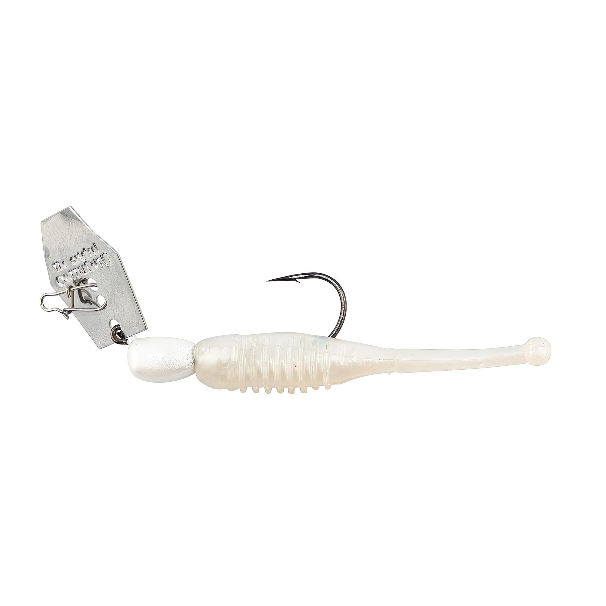 Micro Finesse ChatterBait lure in white with silver blade and curved hook