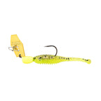 Chartreuse and yellow chatterbait fishing lure with speckled body, treble hook, blade